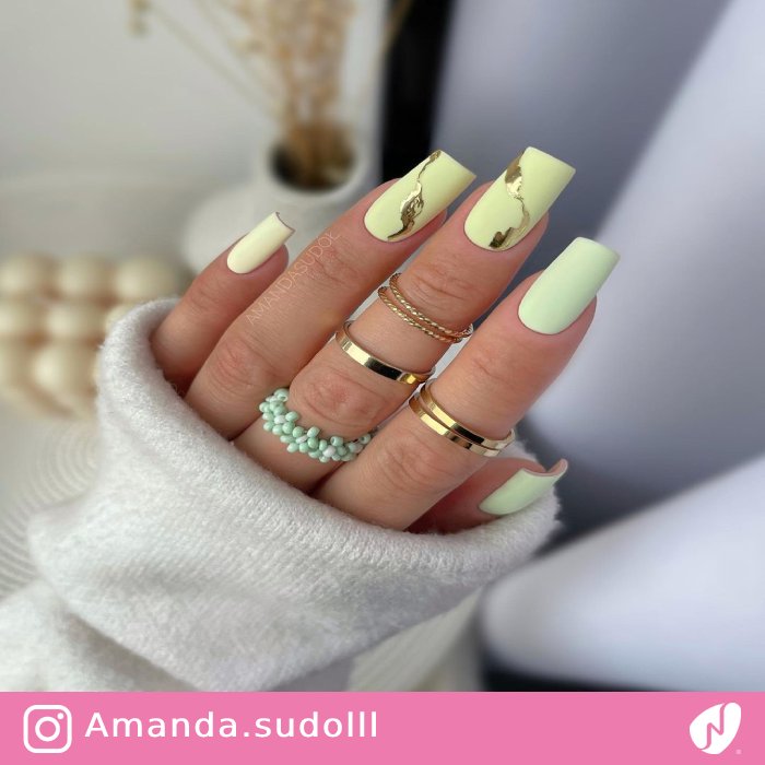 Lime Nails with Gold Foil Design